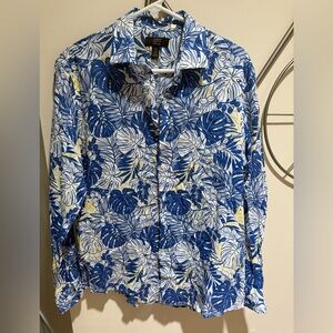 Club Room 100% Linen Blue and Yellow Leaf Pattern Shirt, NWT, Size M
